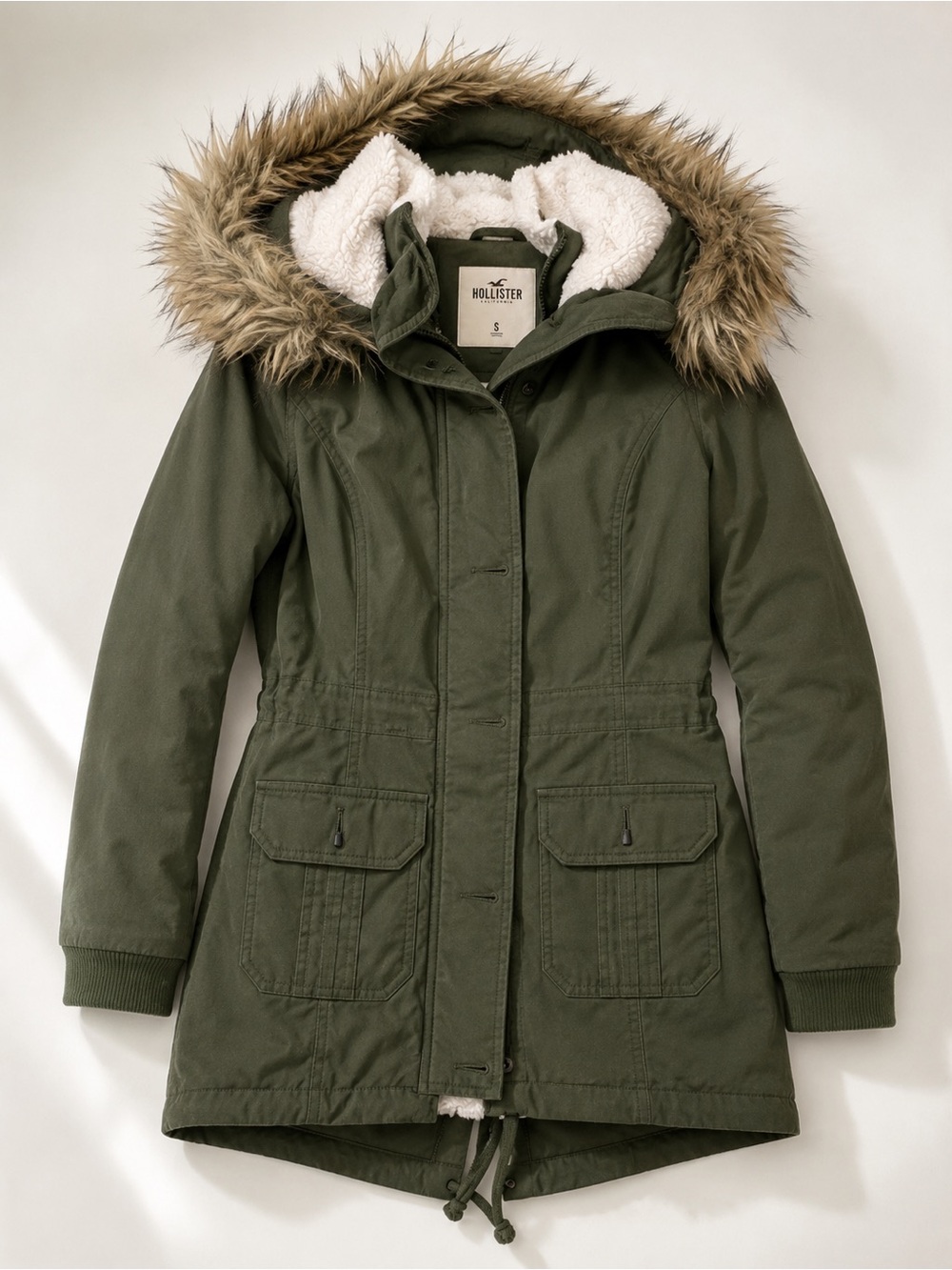 Hollister Olive Green Faux Fur Hood Parka Jacket Women’s Small